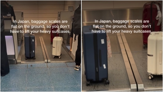 japan has placed the scales flat on the floor, so you can just roll your suitcases on it to check weight.(Instagram/@lounge.guru) japan has placed the scales flat on the floor, so you can just roll your suitcases on it to check weight.(Instagram/@lounge.guru)