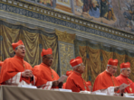This handout picture released by the Press office shows cardinals chanting the Latin hymn This handout picture released by the Press office shows cardinals chanting the Latin hymn