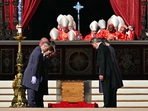 Pallbearers stand next to the coffin of late Pope Francis at the start of the funeral ceremony at St Peter's Square in The Vatican, on April 26, 2025.(AFP) Pallbearers stand next to the coffin of late Pope Francis at the start of the funeral ceremony at St Peter's Square in The Vatican, on April 26, 2025.(AFP)
