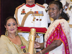 Singer Jaspinder Narula receiving her Padma Shri honour from the President of India Singer Jaspinder Narula receiving her Padma Shri honour from the President of India