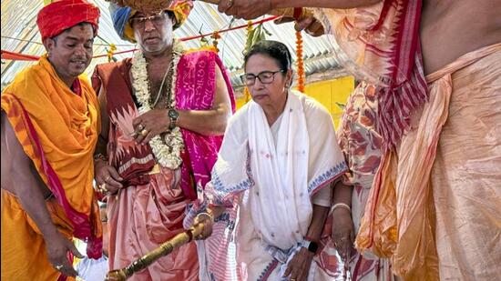 West Bengal chief minister Mamata Banerjee takes part in the sacred 'yajna' at the Jagannath temple at Digha in Purba Medinipur district (PTI/X@AITCofficial) West Bengal chief minister Mamata Banerjee takes part in the sacred 'yajna' at the Jagannath temple at Digha in Purba Medinipur district (PTI/X@AITCofficial)