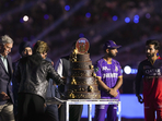 Kolkata: Actor Shah Rukh Khan with BCCI President Roger Binny, RCB captain Rajat Patidar and KKR captain Ajinkya Rahane during the cake cutting ceremony to mark the opening of Indian Premier League 2025, at the Eden Gardens in Kolkata, Saturday, March 22, 2025. (PTI Photo/Swapan Mahapatra) (PTI03_22_2025_000257B)(PTI) Kolkata: Actor Shah Rukh Khan with BCCI President Roger Binny, RCB captain Rajat Patidar and KKR captain Ajinkya Rahane during the cake cutting ceremony to mark the opening of Indian Premier League 2025, at the Eden Gardens in Kolkata, Saturday, March 22, 2025. (PTI Photo/Swapan Mahapatra) (PTI03_22_2025_000257B)(PTI)