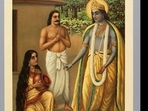 Krishna honours Draupadi the Akshaya Patra.(B. P Banerjee Painting) Krishna honours Draupadi the Akshaya Patra.(B. P Banerjee Painting)