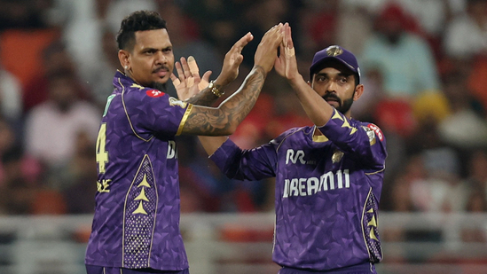 Kolkata Knight Riders' Sunil Narine celebrates with Ajinkya Rahane (REUTERS)