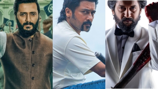 Riteish Deshmukh, Suriya and Nani in stills from Raid 2, Retro and HIT 3. Riteish Deshmukh, Suriya and Nani in stills from Raid 2, Retro and HIT 3.