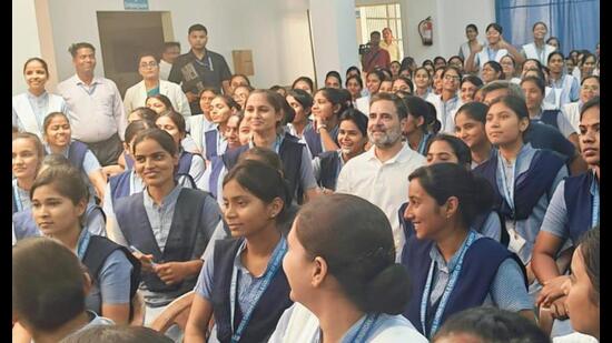 Rahul Gandhi on Wednesday interacted with around 400 students at the Indira Gandhi Nursing College in Amethi, including those enrolled in ANM, GNM, and BSc Nursing courses. (Sourced) Rahul Gandhi on Wednesday interacted with around 400 students at the Indira Gandhi Nursing College in Amethi, including those enrolled in ANM, GNM, and BSc Nursing courses. (Sourced)