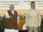 Prime Minister Narendra Modi on May 2 inaugurated and laid the foundation stone for projects worth <span class='webrupee'>₹</span>58,000 crore in Andhra Pradesh, including the revival of construction work on the greenfield capital city of Amaravati, Chief Minister N Chandrababu’s ‘dream project’.(PIB) Prime Minister Narendra Modi on May 2 inaugurated and laid the foundation stone for projects worth <span class='webrupee'>₹</span>58,000 crore in Andhra Pradesh, including the revival of construction work on the greenfield capital city of Amaravati, Chief Minister N Chandrababu’s ‘dream project’.(PIB)