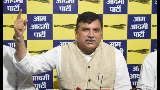 AAP MP Sanjay Singh during a press conference in Lucknow on May 2. (HT photo)
