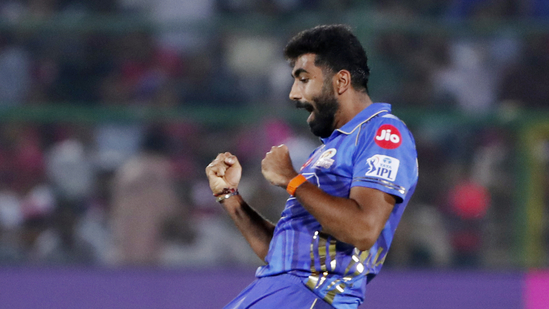 Mumbai Indians' Jasprit Bumrah celebrates the dismissal of Rajasthan Royals' captain Riyan Parag(Surjeet ) Mumbai Indians' Jasprit Bumrah celebrates the dismissal of Rajasthan Royals' captain Riyan Parag(Surjeet )