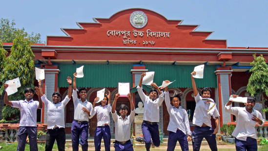 Students celebrate their success after the West Bengal Board of Secondary Education (WBBSE) declared its class 10 results, at Bolpur school in Birbhum on Friday, May 2, 2025.(Anindita Das/ANI Photo) Students celebrate their success after the West Bengal Board of Secondary Education (WBBSE) declared its class 10 results, at Bolpur school in Birbhum on Friday, May 2, 2025.(Anindita Das/ANI Photo)