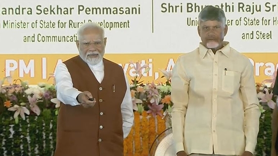 Prime Minister Narendra Modi on May 2 inaugurated and laid the foundation stone for projects worth <span class='webrupee'>₹</span>58,000 crore in Andhra Pradesh, including the revival of construction work on the greenfield capital city of Amaravati, Chief Minister N Chandrababu’s ‘dream project’.(PIB) Prime Minister Narendra Modi on May 2 inaugurated and laid the foundation stone for projects worth <span class='webrupee'>₹</span>58,000 crore in Andhra Pradesh, including the revival of construction work on the greenfield capital city of Amaravati, Chief Minister N Chandrababu’s ‘dream project’.(PIB)