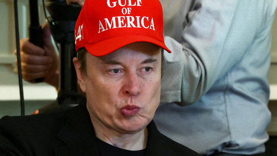 Tesla CEO Elon Musk wears a cap with the words "Gulf of America" as he attends a cabinet meeting held by U.S. President Donald Trump(REUTERS)
