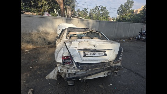 The accident occurred around 4:30 am, police said, adding the four occupants - all postgraduate students of a computer science course at a prominent education institute in Pimpri-Chinchwad - in the Mercedes were returning home at Nigdi. (HT PHOTO) The accident occurred around 4:30 am, police said, adding the four occupants - all postgraduate students of a computer science course at a prominent education institute in Pimpri-Chinchwad - in the Mercedes were returning home at Nigdi. (HT PHOTO)