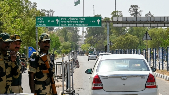 Border Security Force (BSF) soldiers stand guard as tourists arrive to watch the retreat ceremony at the India-Pakistan Wagah border post on the outskirts of Amritsar on April 24, 2025.(AFP) Border Security Force (BSF) soldiers stand guard as tourists arrive to watch the retreat ceremony at the India-Pakistan Wagah border post on the outskirts of Amritsar on April 24, 2025.(AFP)