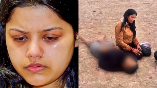 (Left) Pahalgam terror attack victim Lt Vinay Narwal's wife Himanshi during a blood donation camp organised on her husband's birth anniversary in Haryana's Karnal on Thursday; and Himanshi with the body of Vinay Narwal after the Pahalgam terror attack on April 22. (PTI photos) (Left) Pahalgam terror attack victim Lt Vinay Narwal's wife Himanshi during a blood donation camp organised on her husband's birth anniversary in Haryana's Karnal on Thursday; and Himanshi with the body of Vinay Narwal after the Pahalgam terror attack on April 22. (PTI photos)