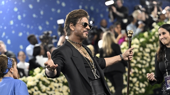 Shah Rukh Khan made his Met Gala debut, striking his signature pose on the blue carpet ahead of the opening of the "Superfine: Tailoring Black Style" exhibition on Monday, May 5, 2025, in New York. AP/PTI Shah Rukh Khan made his Met Gala debut, striking his signature pose on the blue carpet ahead of the opening of the "Superfine: Tailoring Black Style" exhibition on Monday, May 5, 2025, in New York. AP/PTI