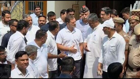 Congress leader Rahul Gandhi with family members of navy officer Lt Vinay Narwal in Karnal on Tuesday. Lt Narwal was among 26 people killed in the terrorist attack in Pahalgam on April 22. (HT Photo) Congress leader Rahul Gandhi with family members of navy officer Lt Vinay Narwal in Karnal on Tuesday. Lt Narwal was among 26 people killed in the terrorist attack in Pahalgam on April 22. (HT Photo)