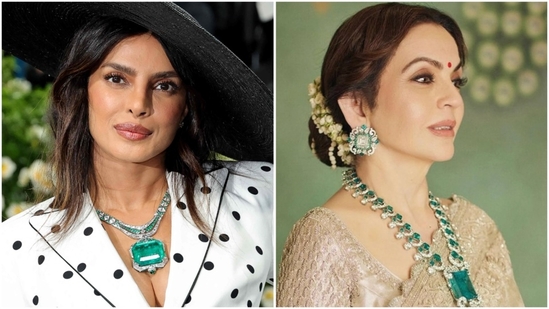 Priyanka Chopra and Nita Ambani wearing dazzling emerald jewellery. (AFP and Instagram/ Nmacc.india) Priyanka Chopra and Nita Ambani wearing dazzling emerald jewellery. (AFP and Instagram/ Nmacc.india)
