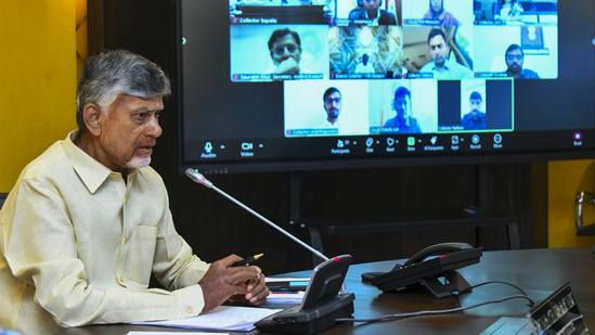 Chief Minister N Chandrababu Naidu interacts with collectors of various districts through video conference during a review meeting on the crop damage caused by unseasonal rains. Chief Minister N Chandrababu Naidu interacts with collectors of various districts through video conference during a review meeting on the crop damage caused by unseasonal rains.