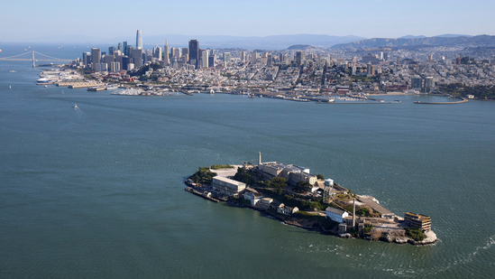A view from a helicopter of Alcatraz Prison, a National Parks site located on Alcatraz Island in San Francisco Bay in San Francisco, California, U.S. May 5, 2025.