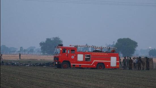 Visuals from the crash site in Bathinda, Punjab, on Wednesday. (Sanjeev Kumar/ HT Photo) Visuals from the crash site in Bathinda, Punjab, on Wednesday. (Sanjeev Kumar/ HT Photo)
