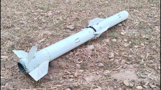 An undetonated China-made PL-15 long-range air-to-air missile that landed in a secluded spot near Kumahi Devi village of Hoshiarpur district of Punjab on Thursday night. (HT Photo) An undetonated China-made PL-15 long-range air-to-air missile that landed in a secluded spot near Kumahi Devi village of Hoshiarpur district of Punjab on Thursday night. (HT Photo)